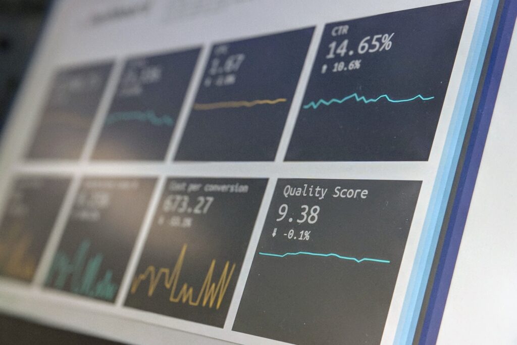 Data reporting dashboard on a laptop screen.
