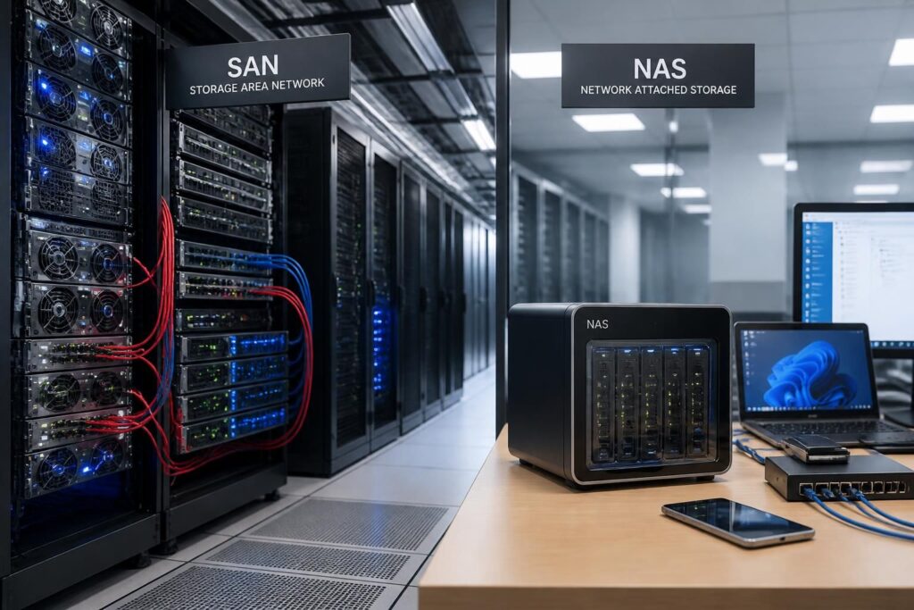 découvrez les différences entre storage area network (san) et nas pour choisir la solution de stockage idéale adaptée à votre infrastructure informatique.